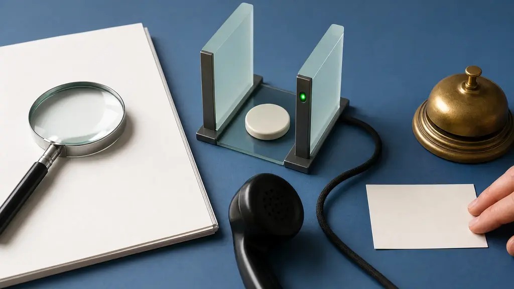 A paper bill, payment token and human handoff card are arranged on a customer-service desk under a verification light.