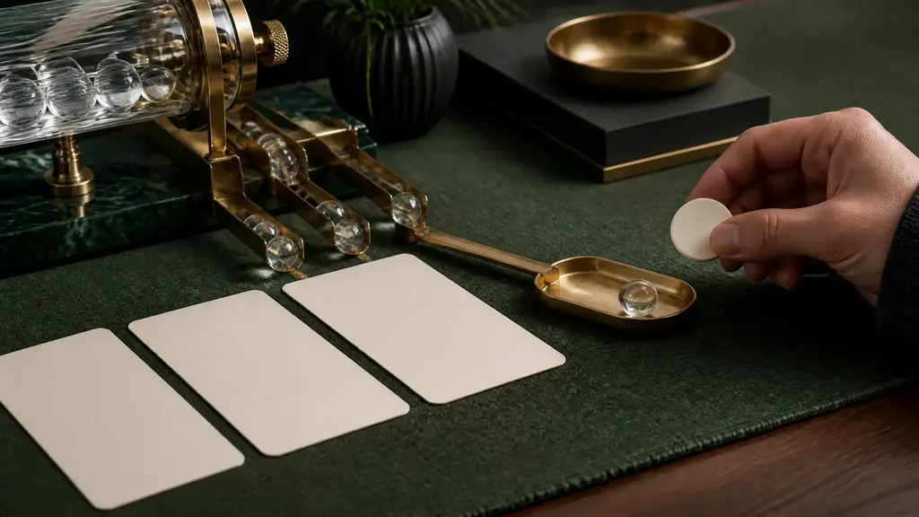 A financial recommendation tray sorts goal cards and market signals while a hand keeps the final decision token.