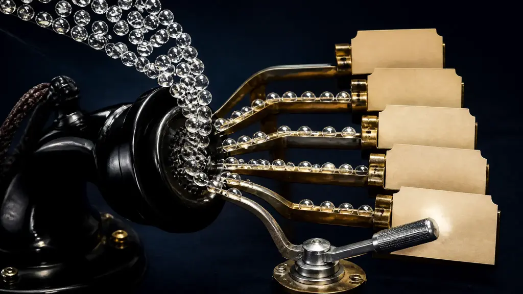 A precision telephone mouthpiece routes a large queue of call tokens toward a supervised service console.