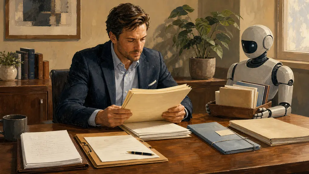 A sales professional reviews a prepared follow-up packet while a restrained digital coworker waits beside organized account files.