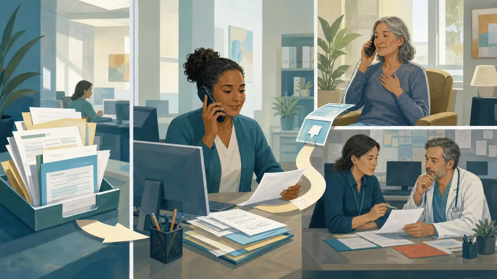 A referral coordinator processes documents, confirms an appointment with a patient and escalates one case to a clinician.