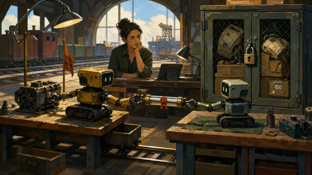 Two coding agents hand finished work between separate sessions while a developer supervises and untrusted tools remain locked away.