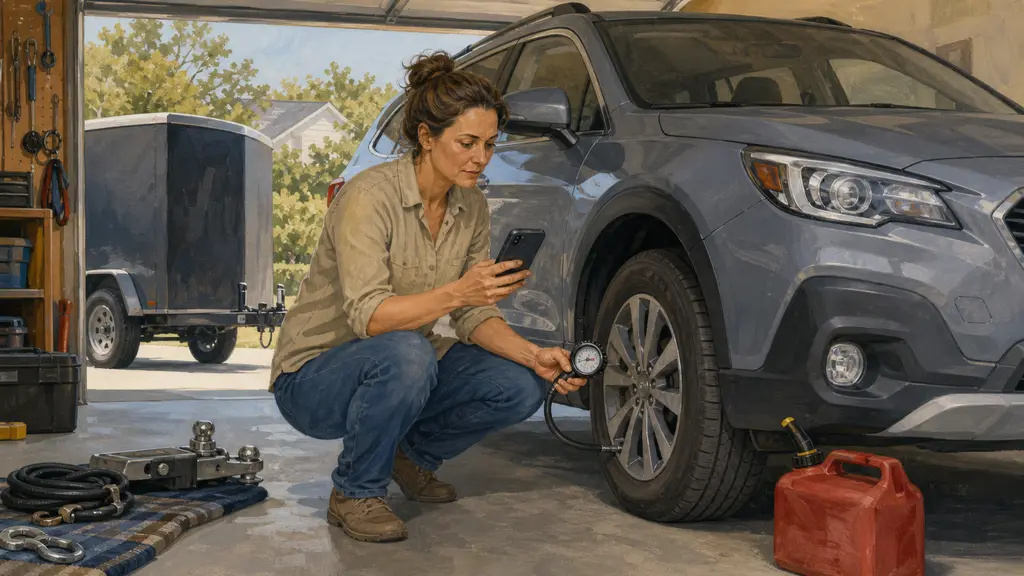 A driver uses a phone for vehicle-specific guidance while checking tire pressure beside an unbranded family crossover and trailer.