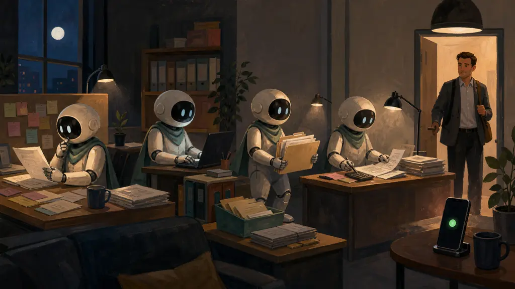 Persistent digital coworkers complete research, outreach and expense tasks overnight before a manager reviews the work.
