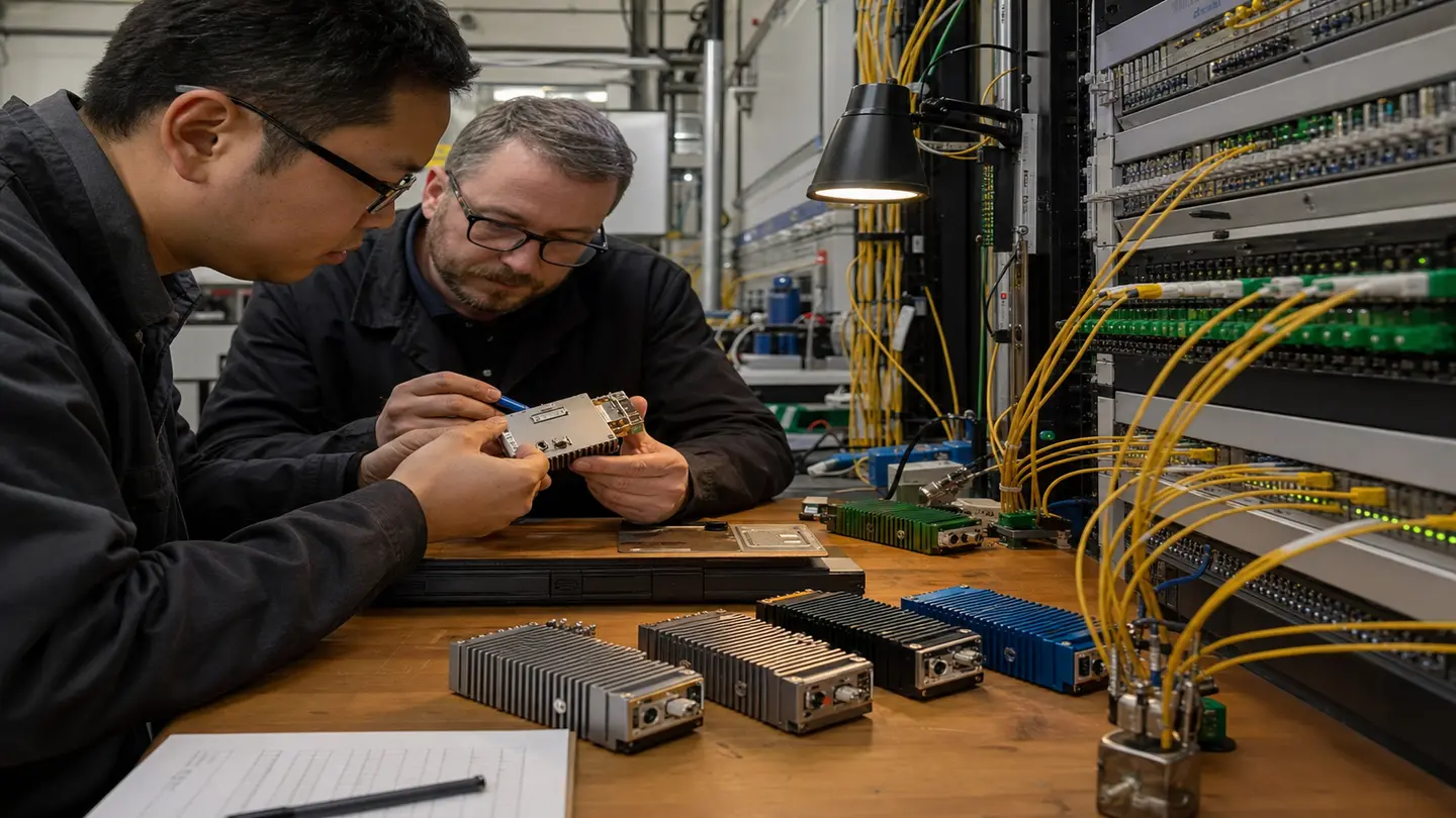 Two network engineers verify a distinct service module before connecting it to an internet exchange.