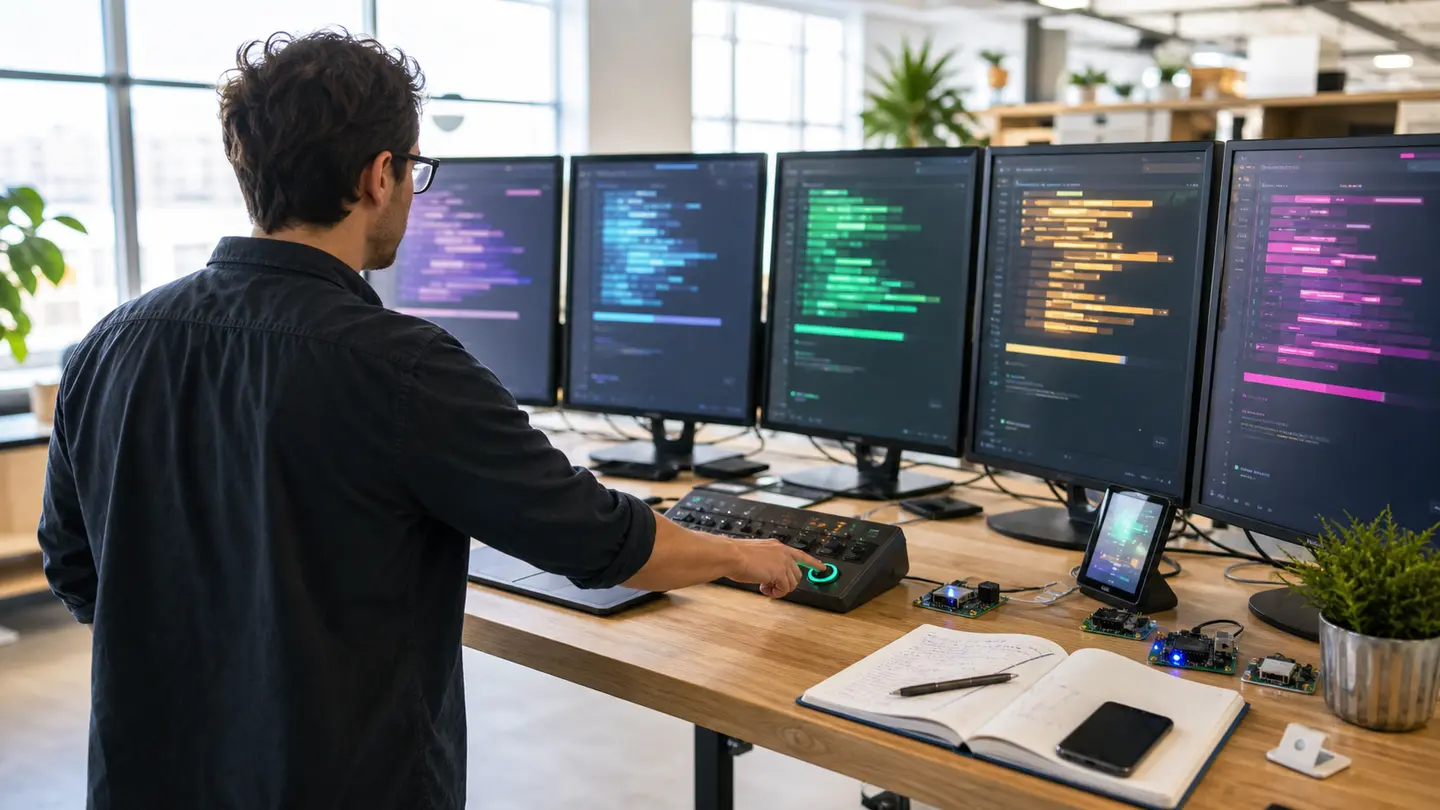 A developer starts coordinated coding tasks across several monitors from a single physical control.