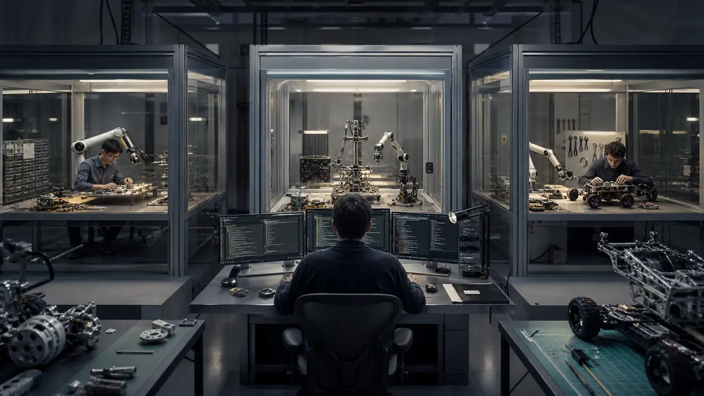 Separate glass work bays keep parallel automated tasks isolated while a human operator supervises.