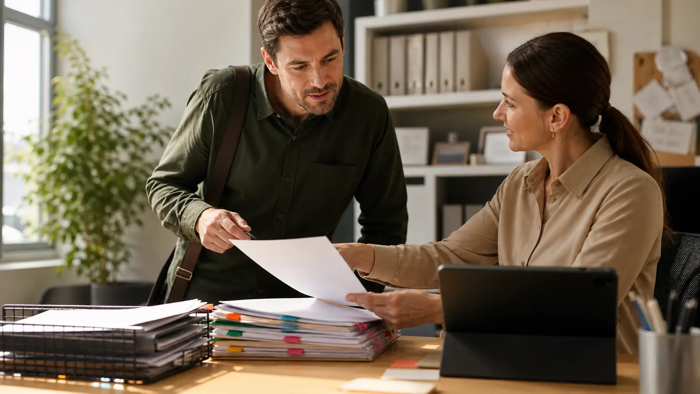 A sales representative receives an organized customer brief and prepared handoff at a small-business office.