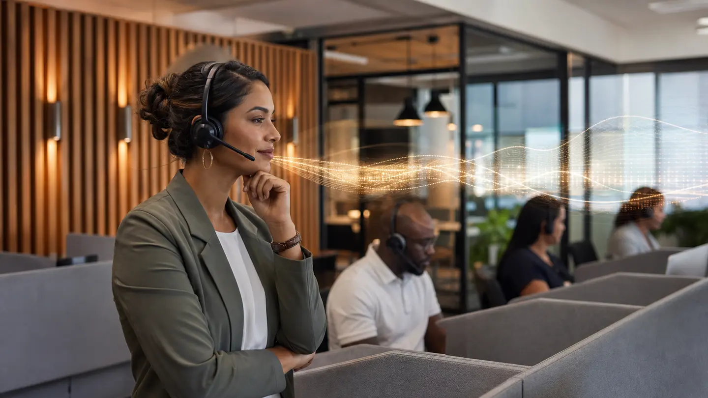 A customer-service operations lead listens to a call while colleagues supervise voice-agent conversations.