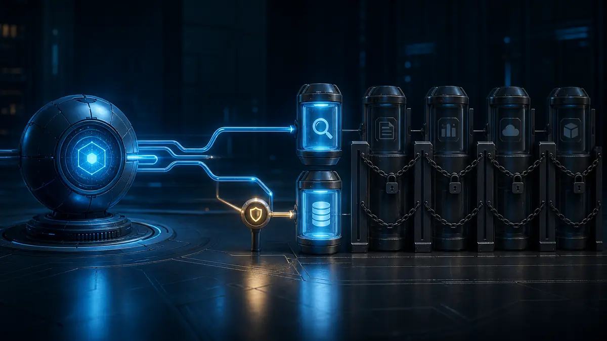 Agent core connected to two illuminated tool capsules while unauthorized tools remain dark behind locks and chains