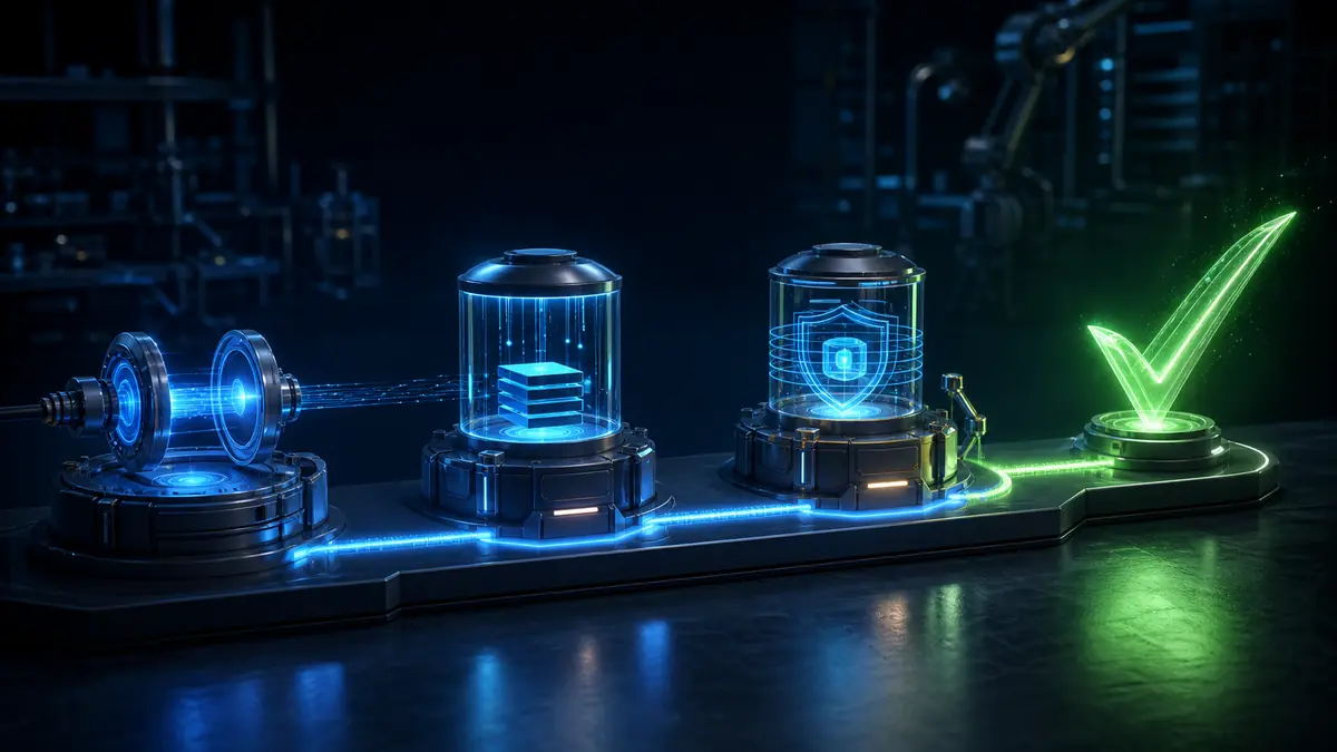 MCP integration moving through connection, data access, security approval, and a final green verification checkpoint