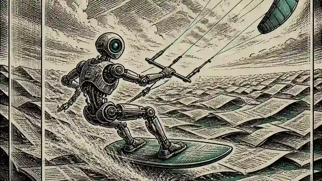An autonomous navigator moves through a layered web landscape inside a tightly isolated frame.
