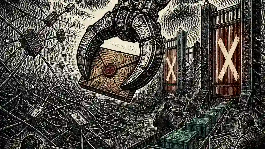 A mechanical claw continues carrying a message through a storm while guarded network gates stay closed.