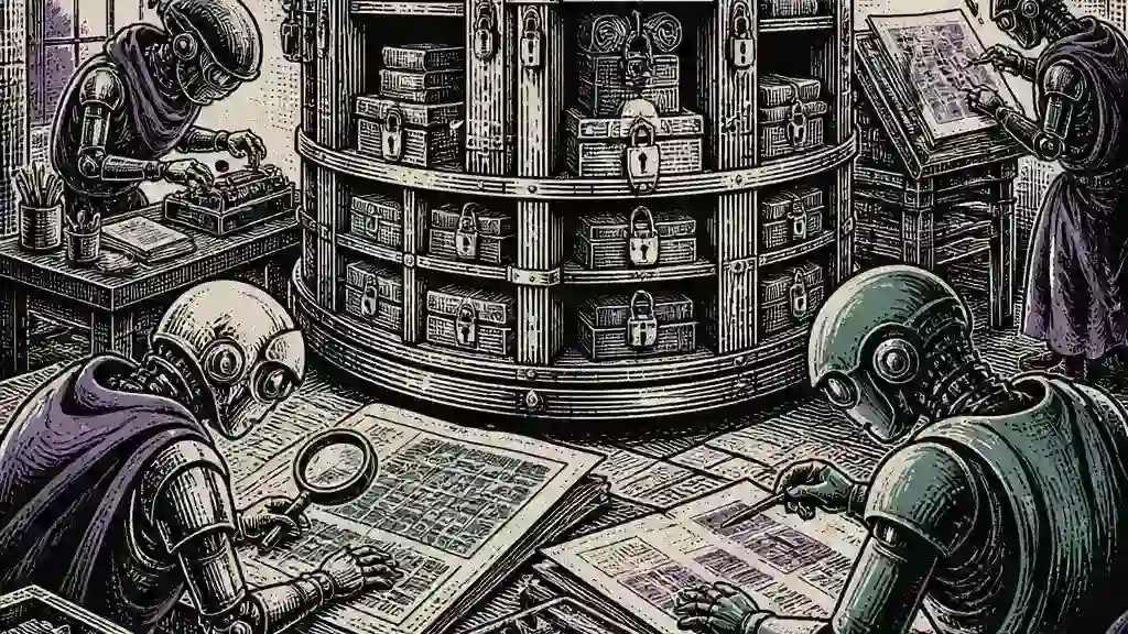 Several specialist agents consult a shared archive while one questionable record is held aside for review.