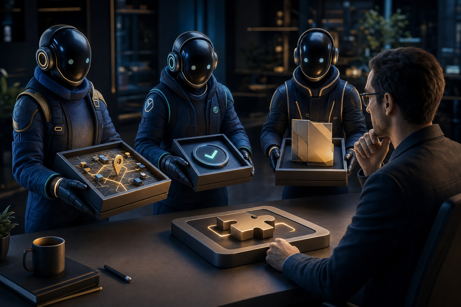 Three specialist agents presenting a repository map, validation token, and reviewed change to a human manager