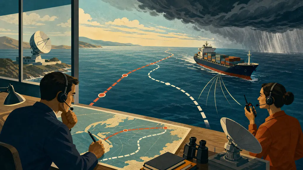 A maritime operator reviews a prepared ocean route while an agent relays a revised plan between ship and shore.