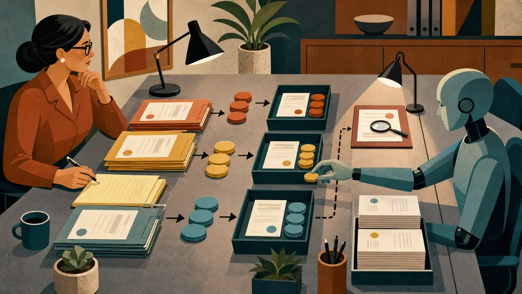 A finance team watches an agent reconcile overdue invoices, payments and disputes across an orderly accounts desk.