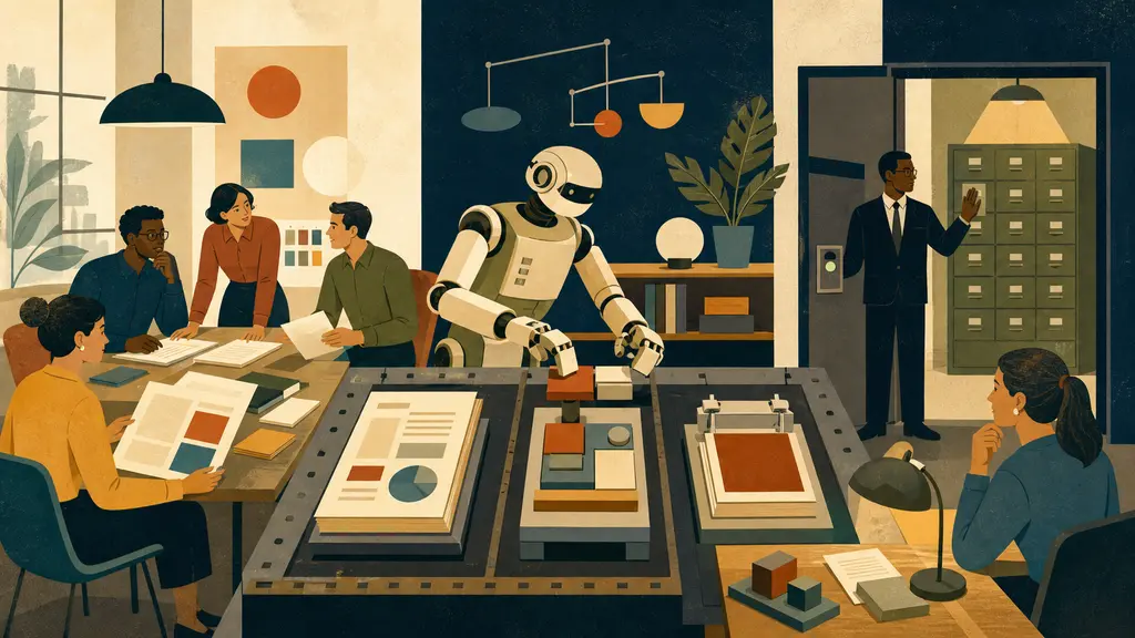 Office workers share a modular workspace where an agent assembles a report, a small app and a scheduled workflow.
