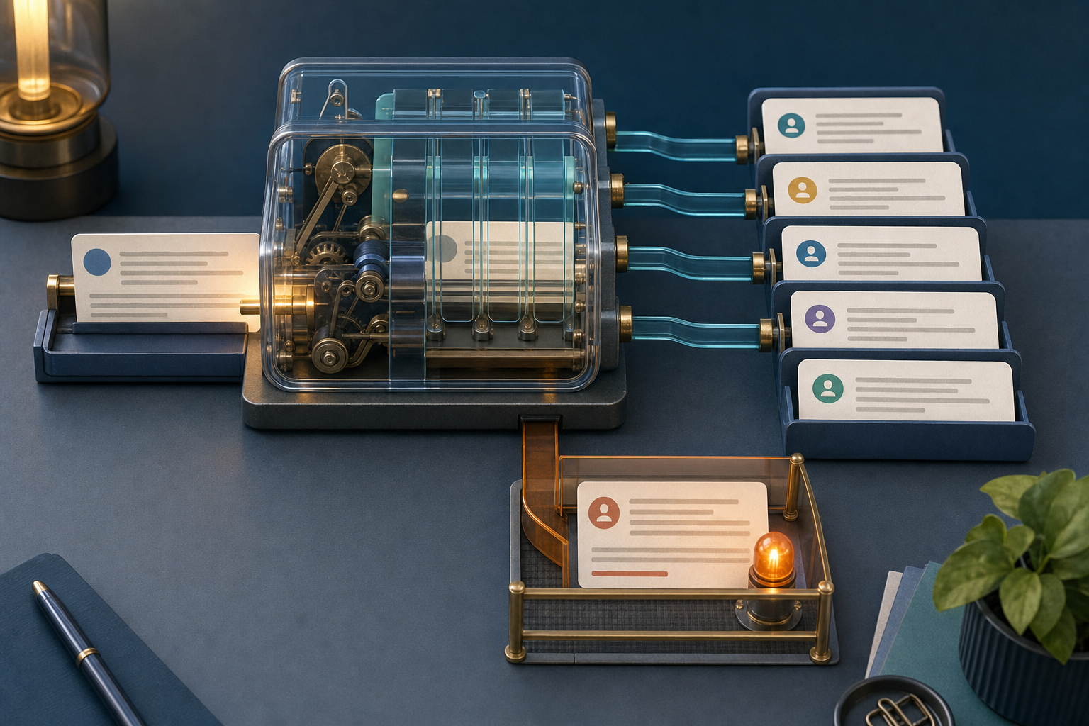 Editorial illustration of a customer message entering a clearly bounded agent contract with structured output cards and a human-review gate