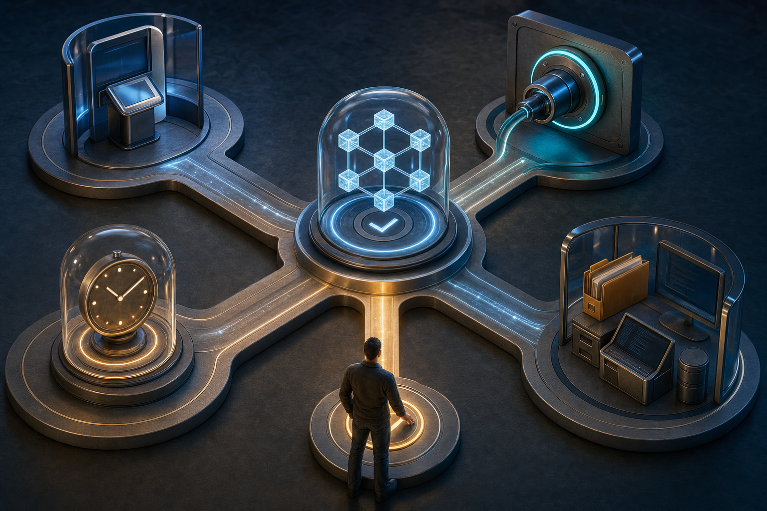 Editorial illustration of one tested agent workflow branching toward a web app, API endpoint, schedule, and guarded hosted workspace
