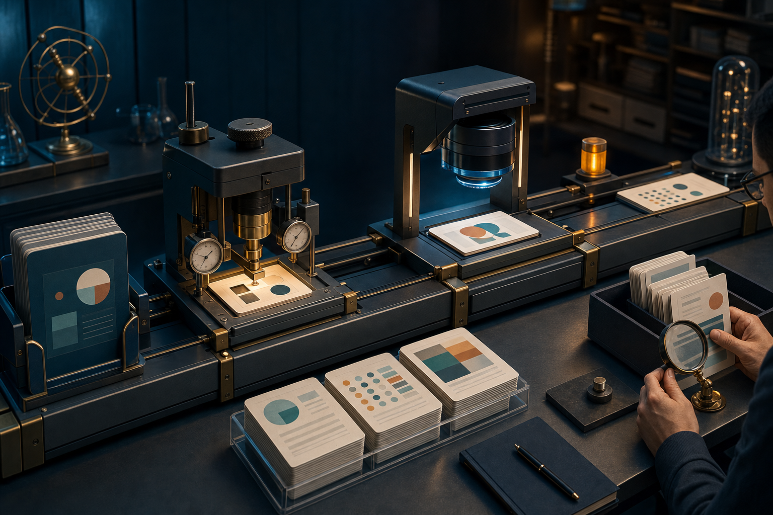 Editorial illustration of a workflow passing structured test cards through literal and fuzzy evaluation checkpoints