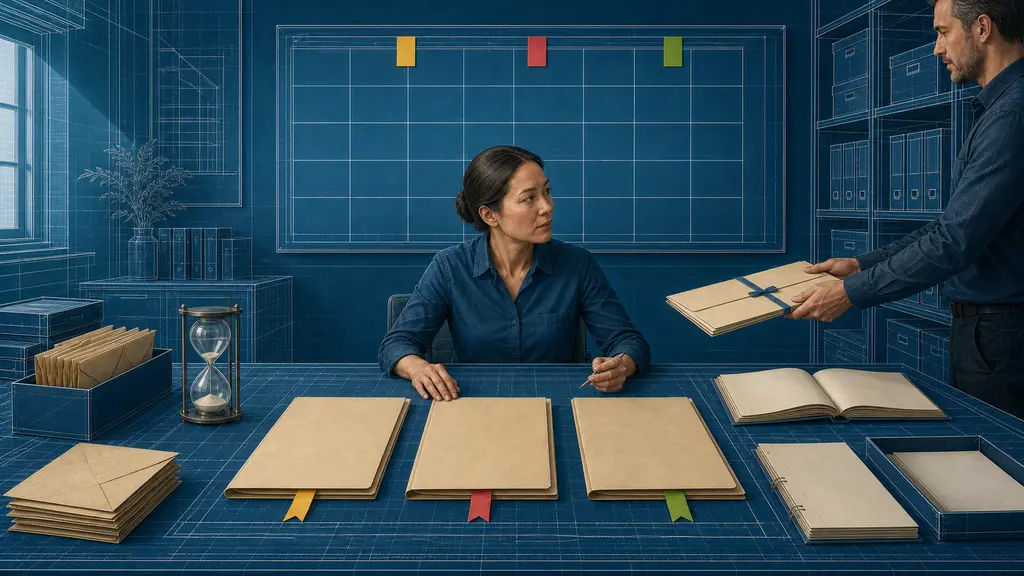 An operations team reviews contract folders, renewal dates and an approval handoff around a planning table.