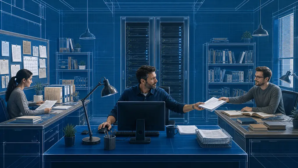 A small-business operations team works beside managed servers and agent handoff materials.