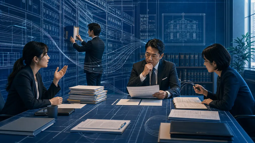 A legal operations team compares agreements and review notes at a contract table.