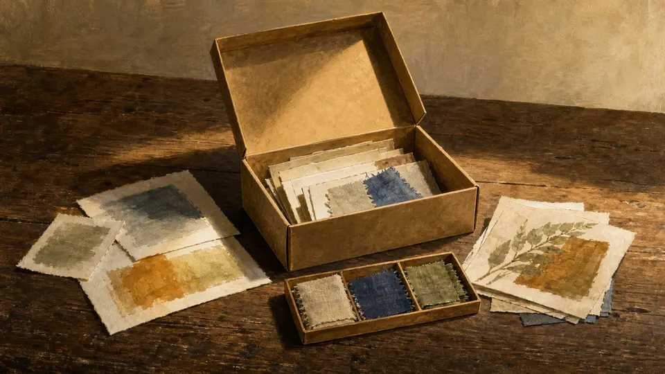 Painterly editorial illustration of a focused repository box holding bounded patches and test artifacts on a workbench