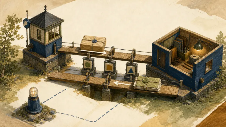 Painterly editorial illustration of a sealed work packet crossing a checkpoint bridge between a signal station and a repository workshop