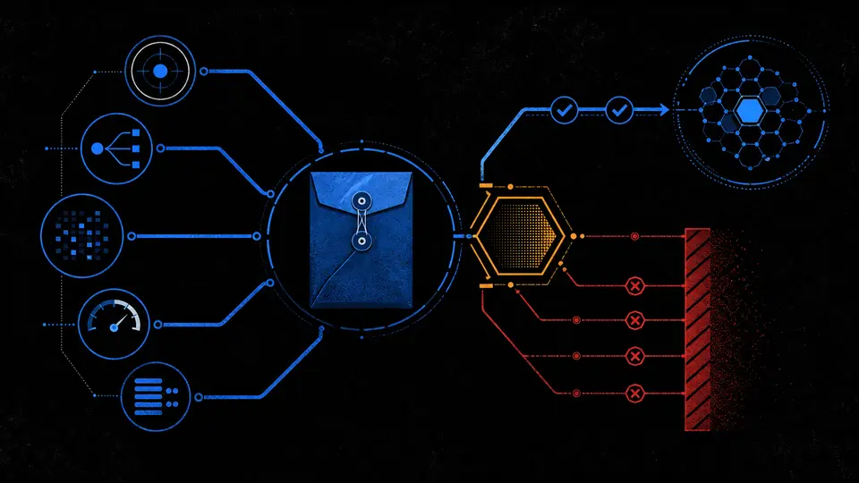 A sealed blue launch packet receiving verified evidence routes while incomplete red routes stop at a compute gate