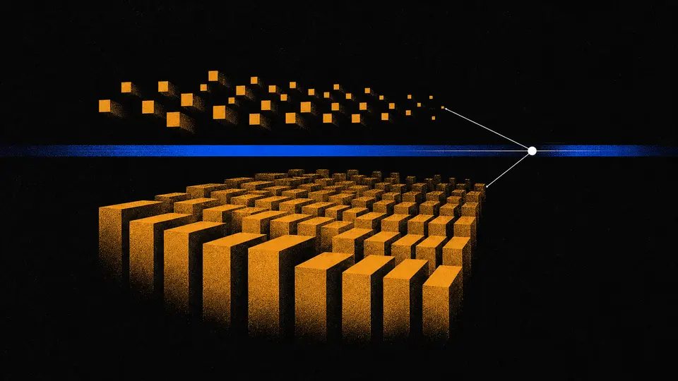 A thin blue wall-clock band crossing a much larger field of amber scheduled compute blocks