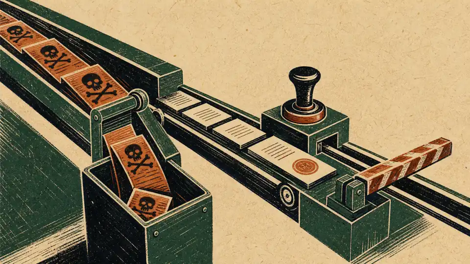 Linocut illustration of hostile instruction strips diverted into a sealed bin while a clean packet stops at a barred review gate