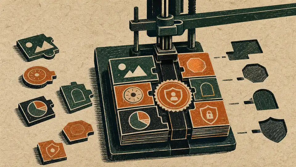 Linocut illustration of brief fragments fitting into a packet jig while unmatched pieces remain outside shaped gates