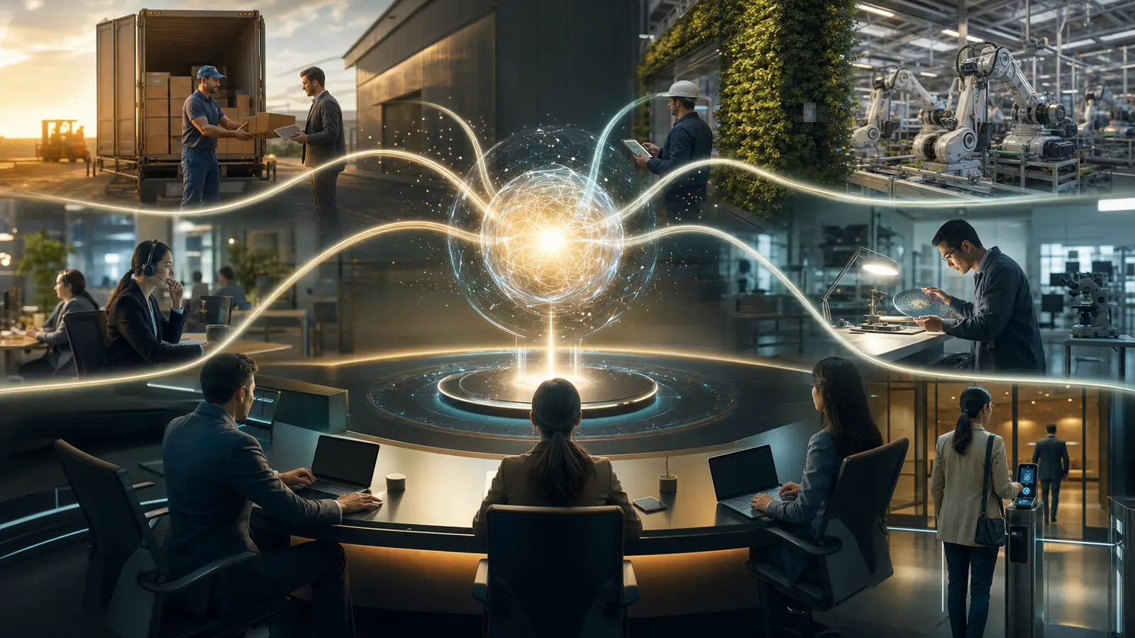An operations team supervises agent-led work spanning supplier payments, support, energy management and industrial design.