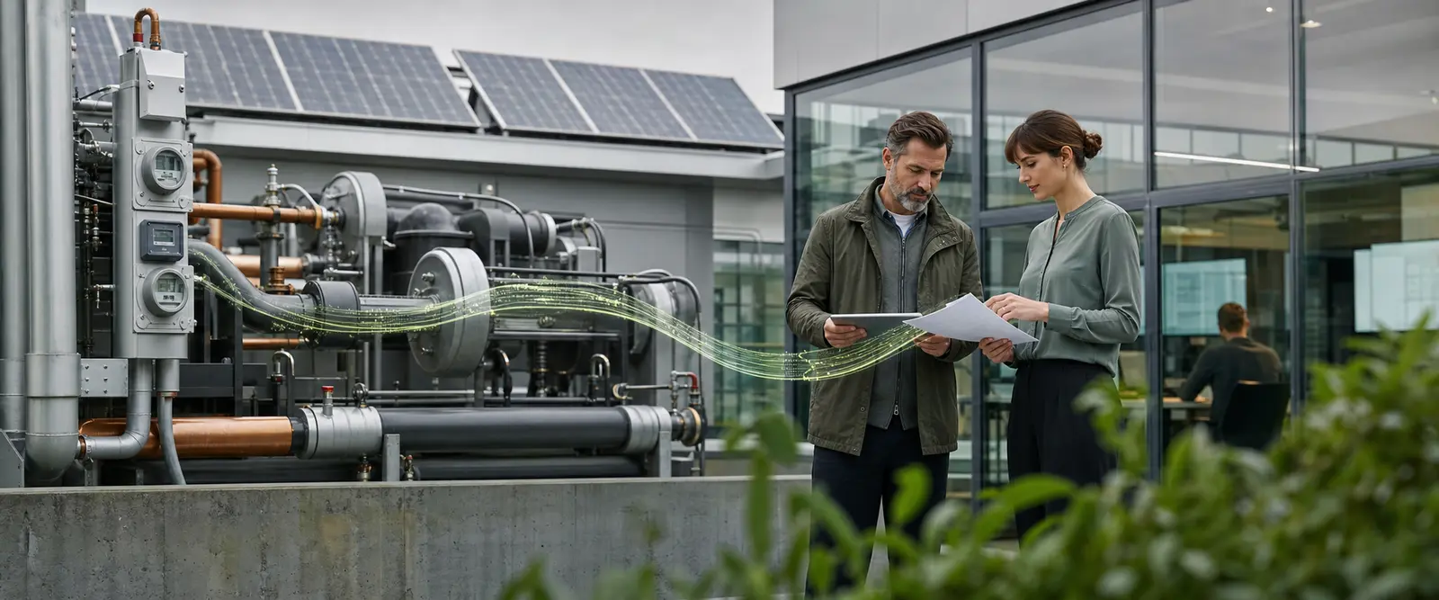 Sustainability professionals compare facility readings with a draft report beside industrial energy equipment.