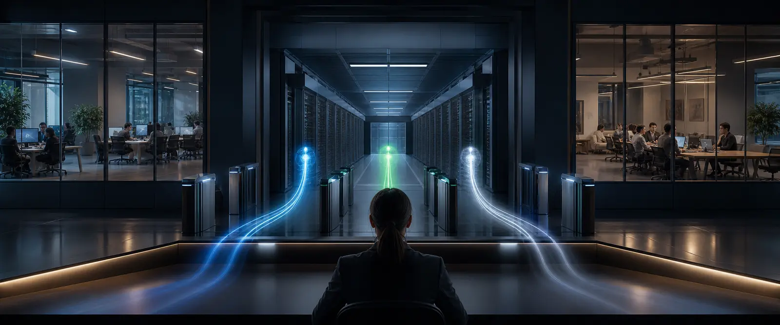A security lead supervises separate automated workloads as they pass through a verified identity checkpoint.