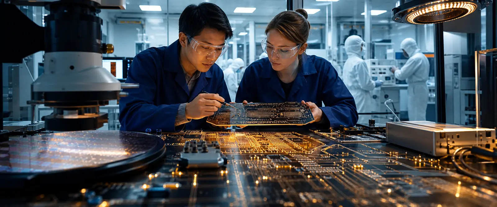 Engineers inspect a circuit board while an automated verification system checks its physical design.