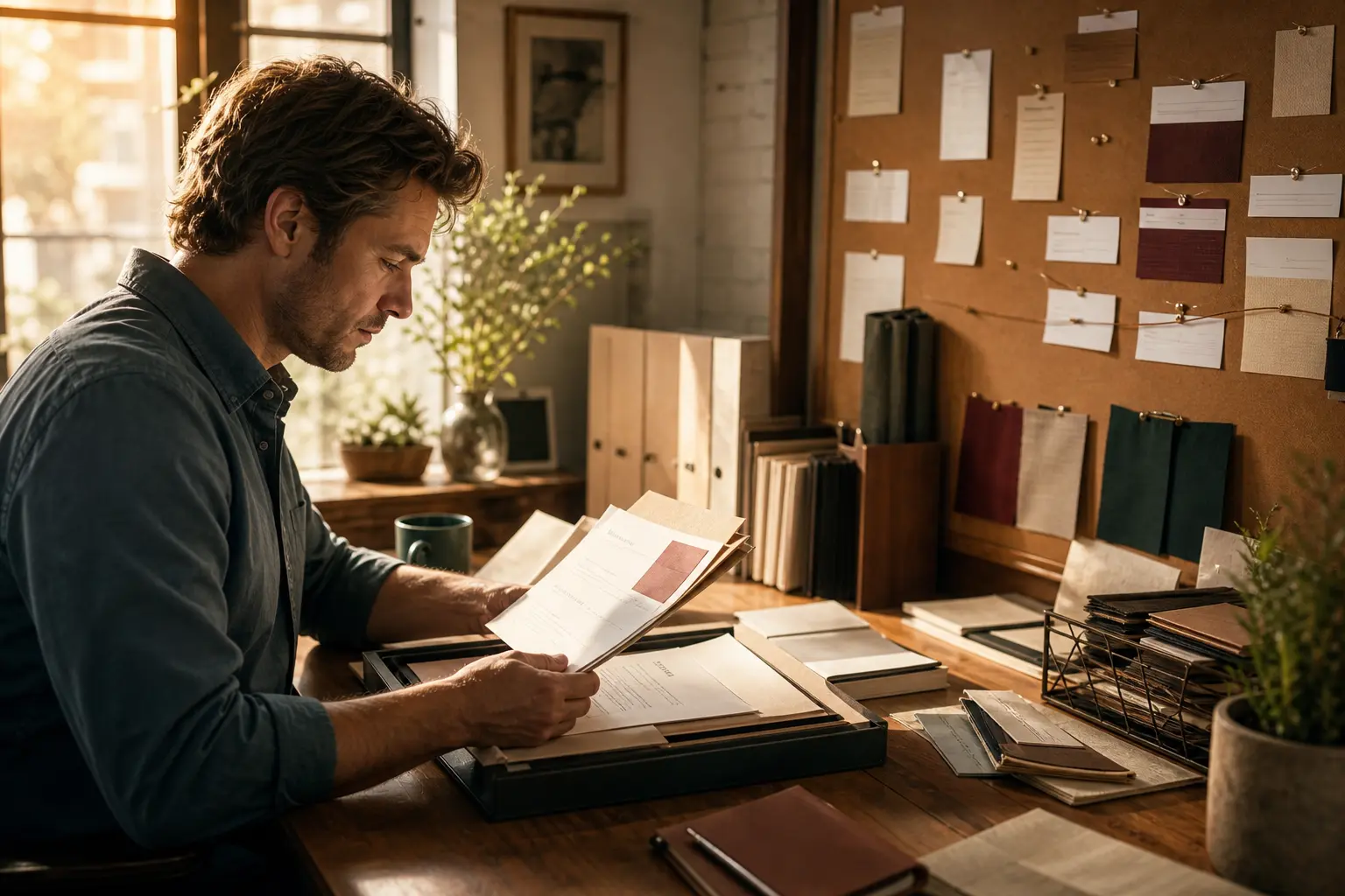 A founder reviews an organized supplier-renewal packet beside contracts and a calendar board.