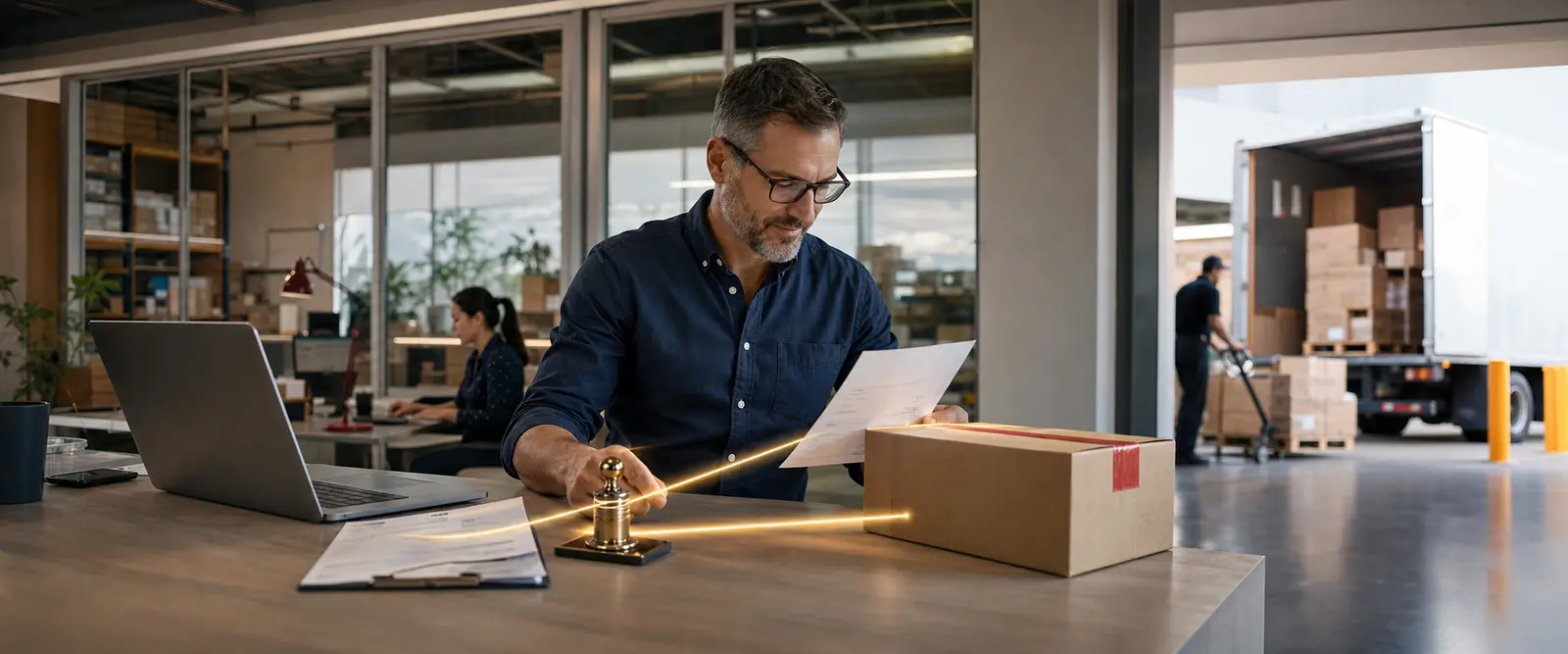 A small-business owner checks a supplier invoice and shipment beside a human-controlled payment authorization.