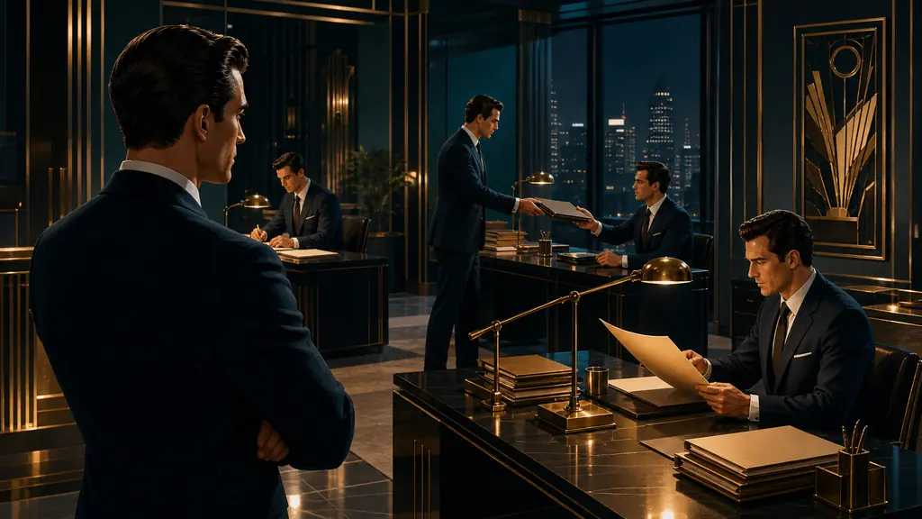 A professional supervises several human work doubles completing tasks across a nighttime office.