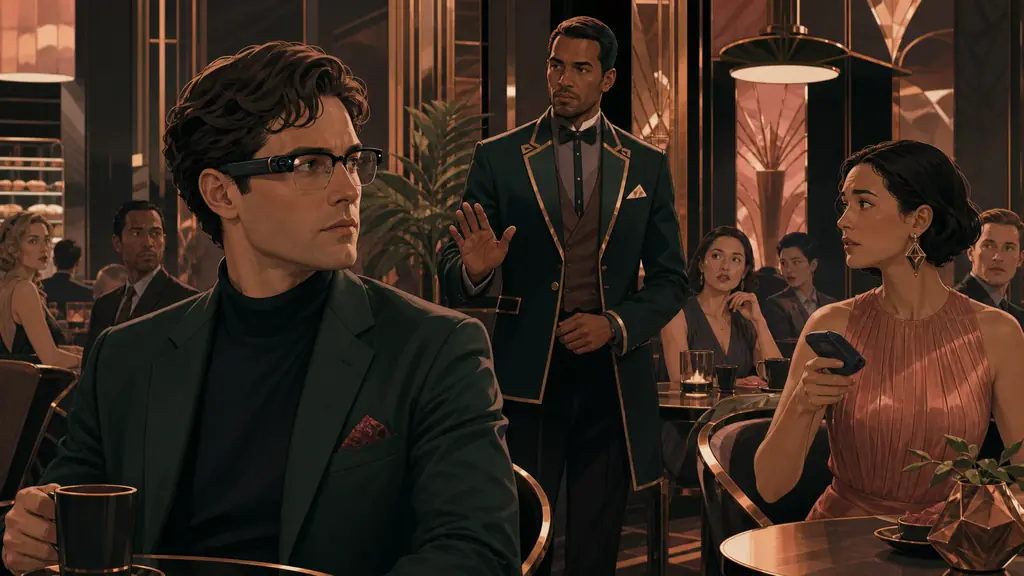 A venue host intervenes as patrons notice camera-equipped smart glasses in a cafe.