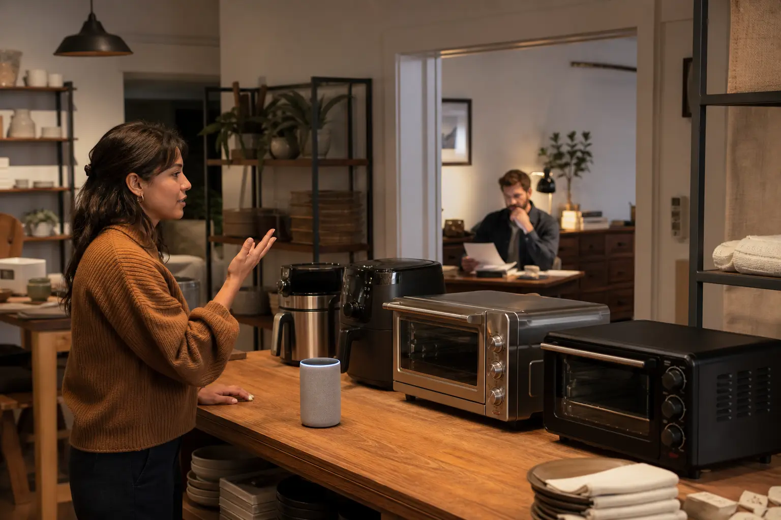 A shopper speaks to an after-hours product adviser beside small appliances while a store owner reviews the proposed shortlist.