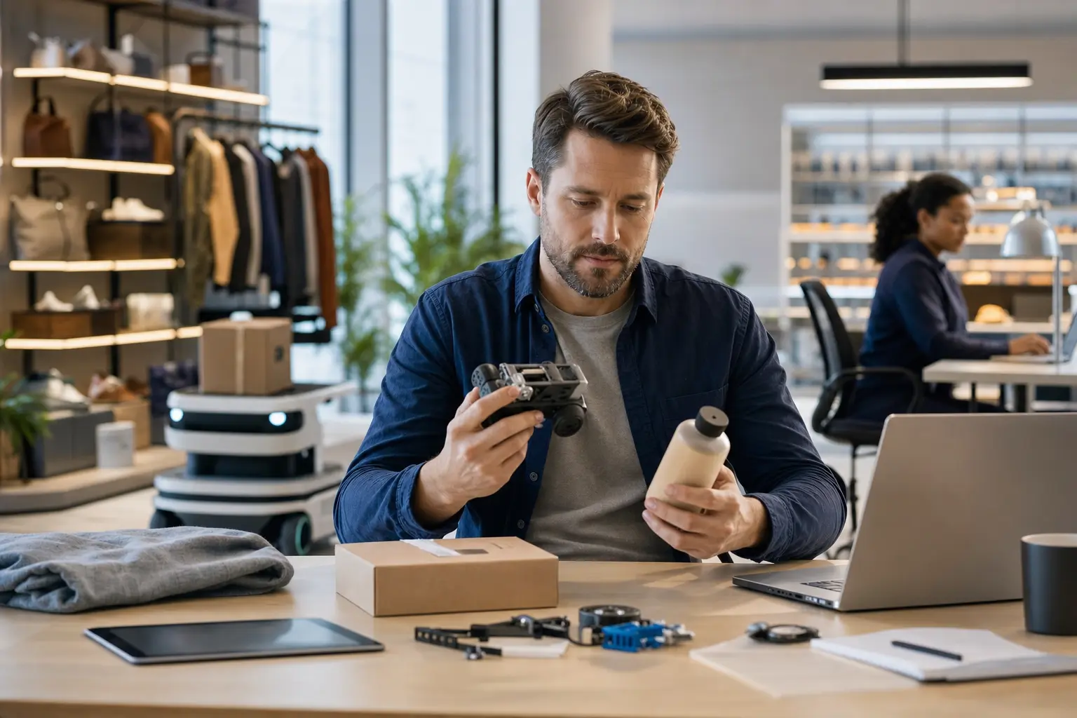 An operator reviews a product sample and robotic component while a service robot works in a modern operations studio.