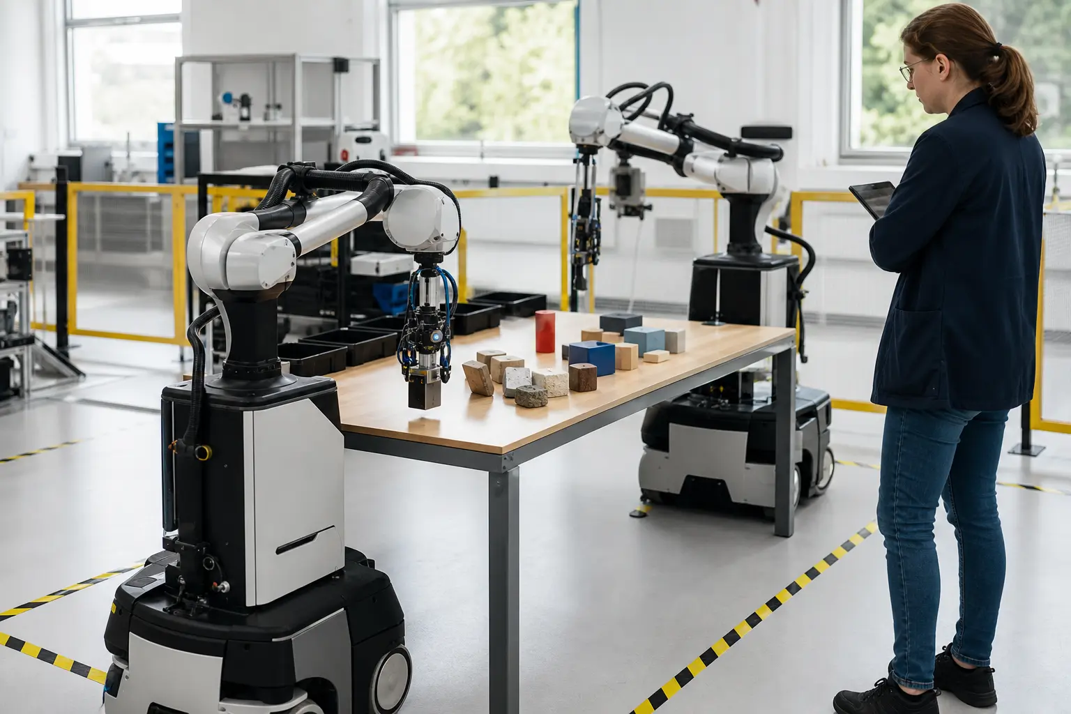 Two mobile robotic arms coordinate an object-sorting task while a researcher supervises from outside the safety zone.