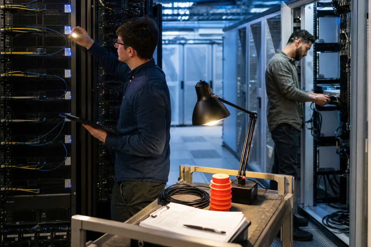 Two engineers verify a controlled migration between separate data-center infrastructure zones.