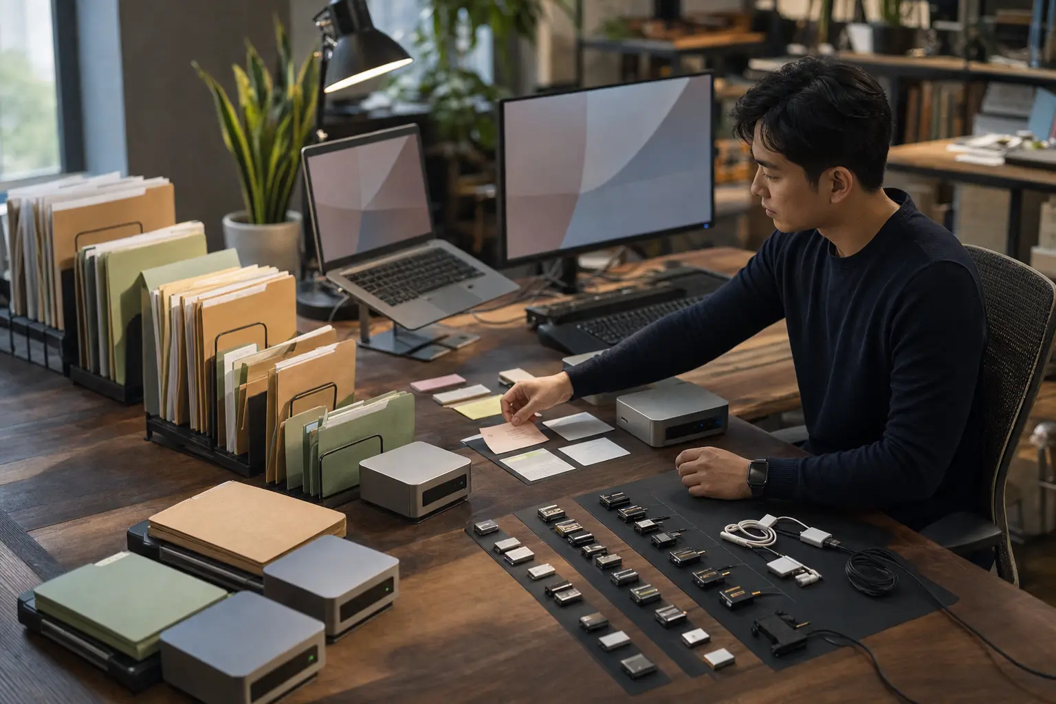 A software professional organizes parallel project folders, compact work computers and approved connector modules at one desk.