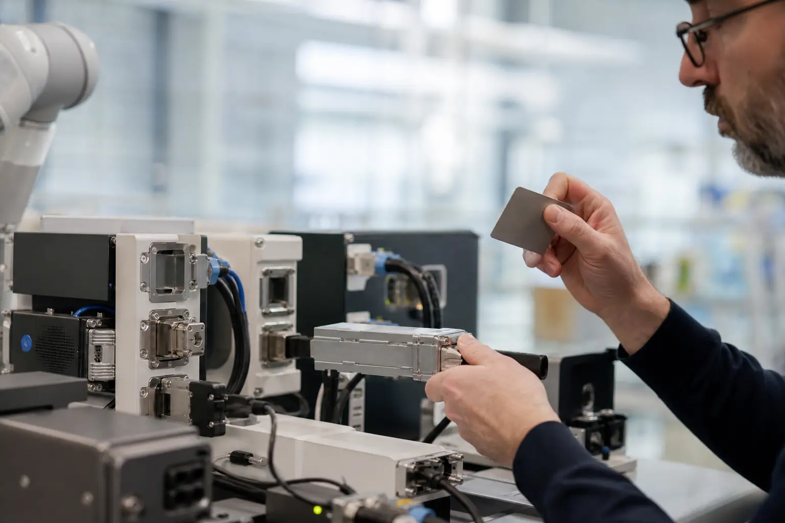 A systems architect checks an approval card before connecting standardized hardware interfaces in an integration lab.