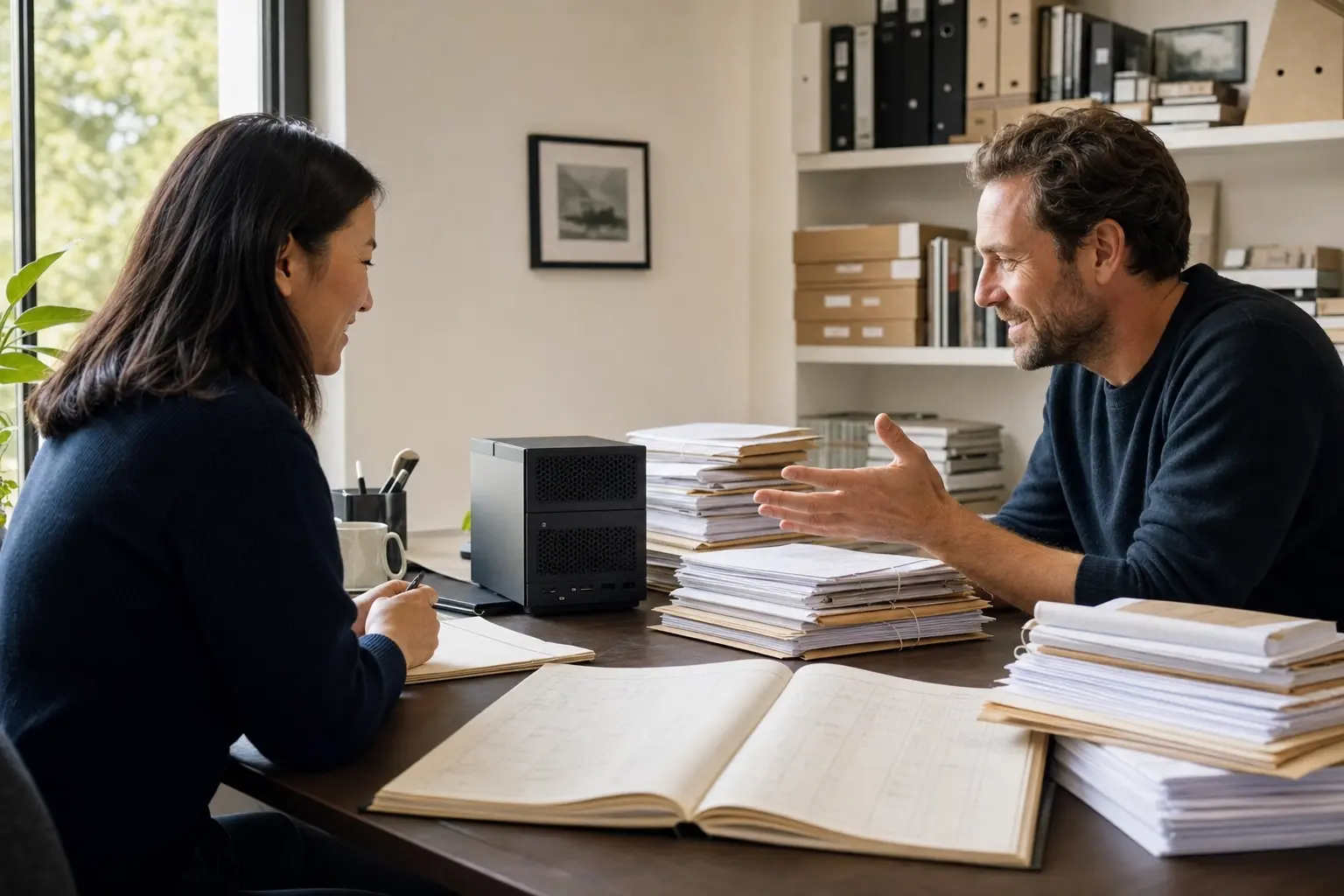 A founder and analyst review a large stack of routine work beside a compact compute system and an open budget ledger.