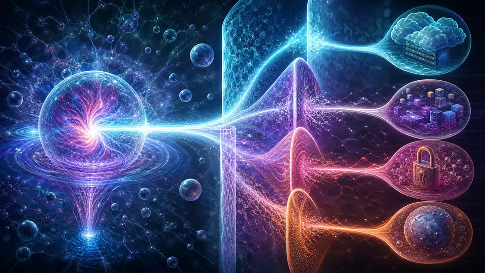 Iridescent scientific abstraction showing one intended safe action and several alternate side-effect paths blocked by separate policy, sandbox, credential, and network fields